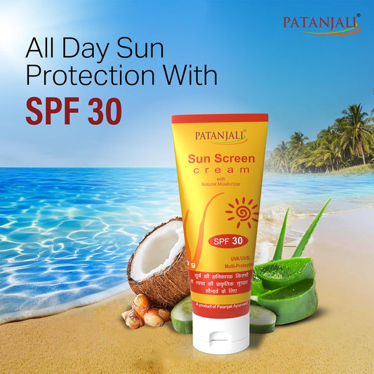 Patanjali Sunscreen Cream SPF 30, for Sun Protection with Natural Ingredients for All Skin Types 50g (50gx4) - Pack of 4