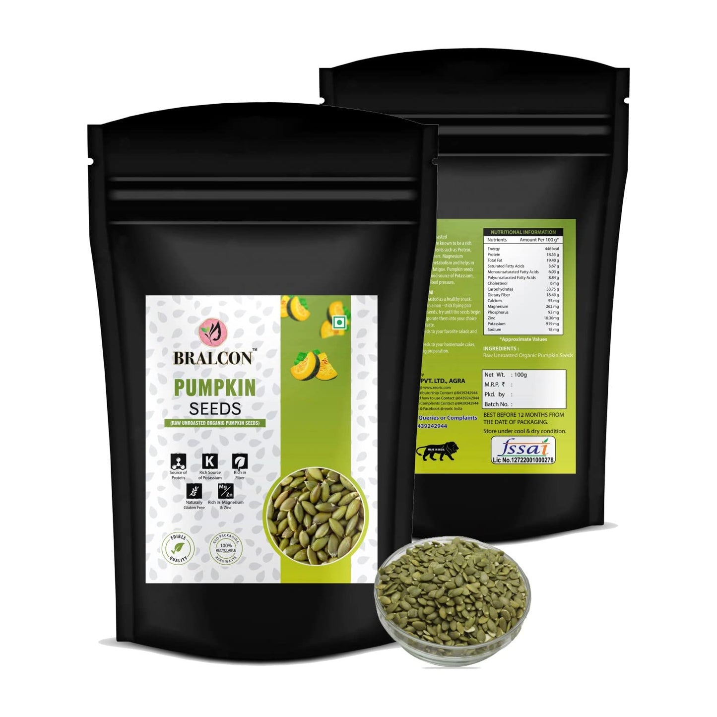 BRALCON Organic Pumpkin Seeds - 100g | Raw Unroasted Pumpkin Seeds for Eating | Protein and Fiber Rich Superfood | Rich in Omega-3 fatty acids