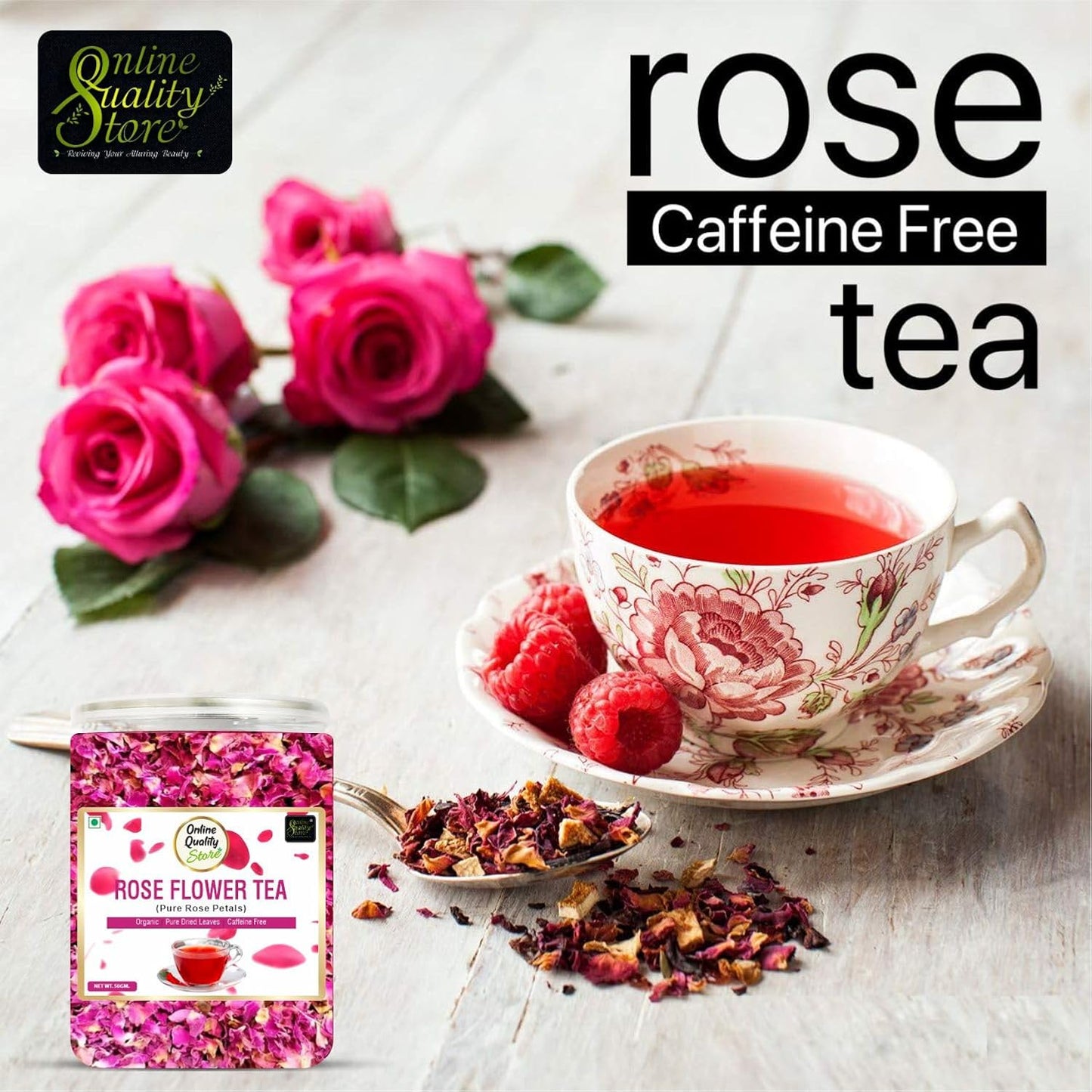Online Quality Store Natural Rose Flower Tea, Pure Petals, Caffeine Free Herbal, Use for Iced, Cocktails. 50 gm