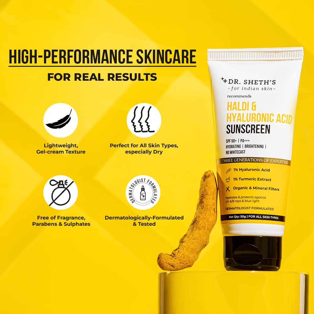 Dr. Sheth's Haldi & Hyaluronic Acid Sunscreen With 1% Hyaluronic Acid | Spf 50+ | Pa+++ | Protects Against Uva/Uvb & Blue Light | For Women & Men -50G - All Skin Type