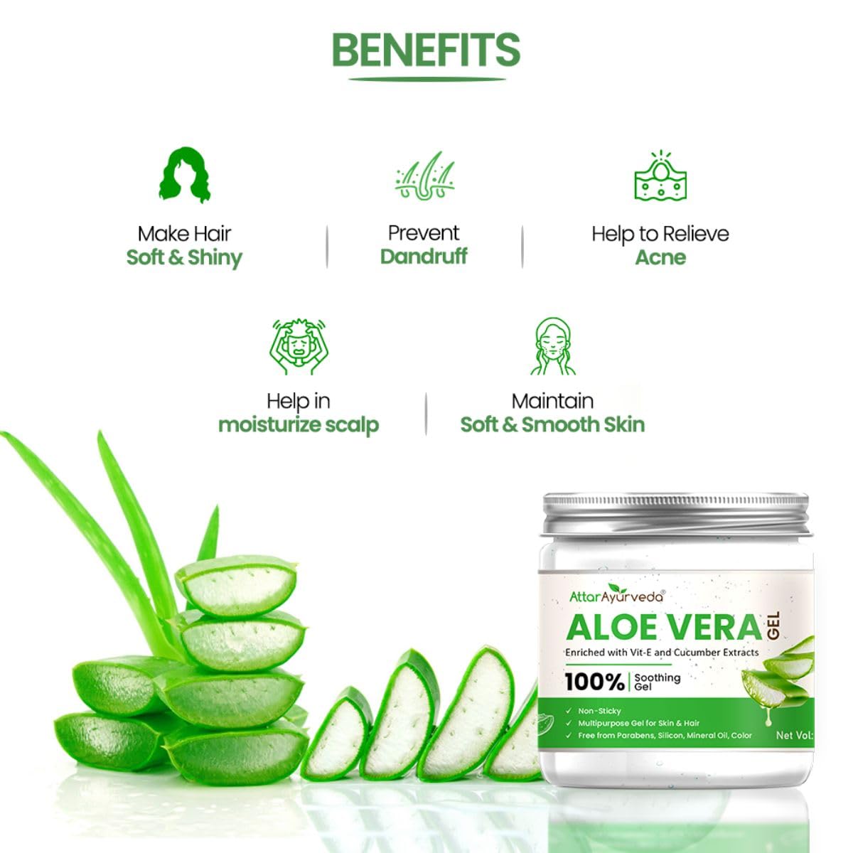Attar Ayurveda Natural Aloe vera gel for Face, Skin & Hair (200 ml) | With Vit-E and Cucumber extracts