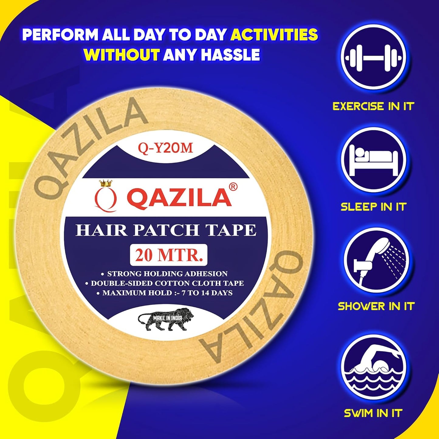 Qazila Hair Patch Tape| Hair Wig Tape| Ultra Hold Tape| Double-sided Hair Patch Tape| Cotton-Cloth Tape| Waterproof| Maximum Hold upto 2 weeks (Yellow, 1 inch, 20 Metre)