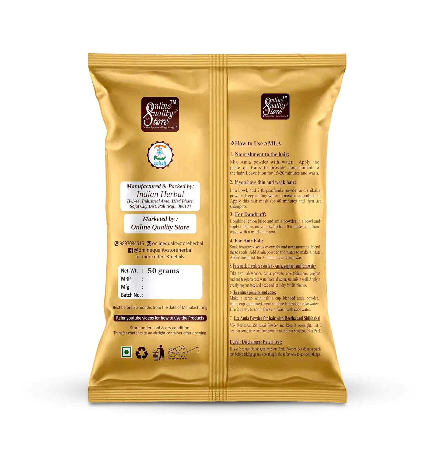Online Quality Store Reetha (50g) + Amla (50g) + Shikakai (50g) + Bhringraj (50g) + Hibiscus (50g) + Mehandi (50g) + Free Indigo (50g) Powder For Hairs, 350 g