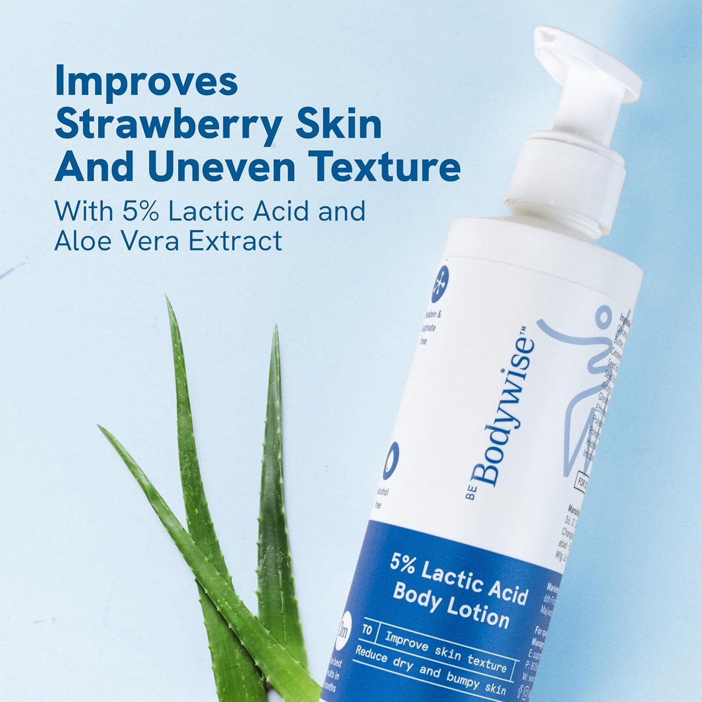 Bodywise 5% Lactic Acid Body Lotion For Women | Aloe Vera Extract & Cica Extract | Improves Skin Texture & Reduces Appearance of Strawberry Legs - 200ml