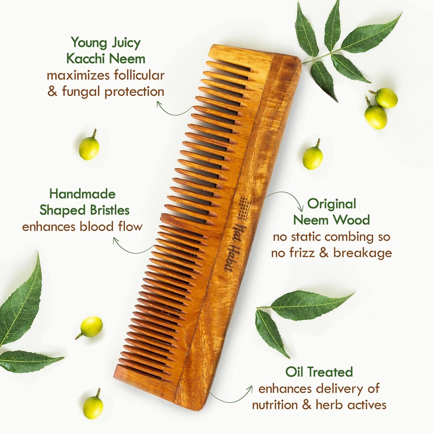 Nat Habit - Kacchi Neem Wooden Comb - Soaked In 17 Herbs, Neem & Sesame Oil For Multi-Actions - Detangling, Frizz Control & Shine (Dual Tooth, Fine Tooth & Wide Tooth) Combo Pack of 3