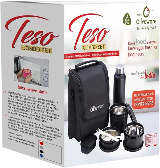 Oliveware Teso Pro Lunch Box | 3 Stainless Steel Containers | Plastic Pickle Box | Steel Spoon & Fork | Microwave Safe (Black)