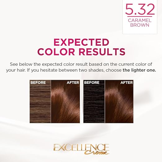 L’Oréal Paris Hair Colour, Radiant At-Home Hair Colour with up to 100% Grey Coverage, Excellence Creme, 5.32 Caramel Brown, 72ml+100g