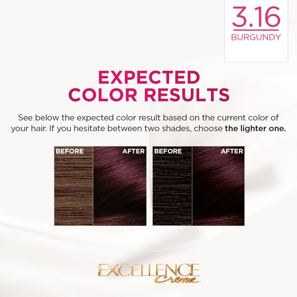 L'Oréal Paris Permanent Hair Colour, Radiant At-Home Hair Colour with up to 100% Grey Coverage, Pro-Keratin, Up to 8 Weeks of Colour, Excellence Crème, 3.16 Burgundy, 72ml+100g