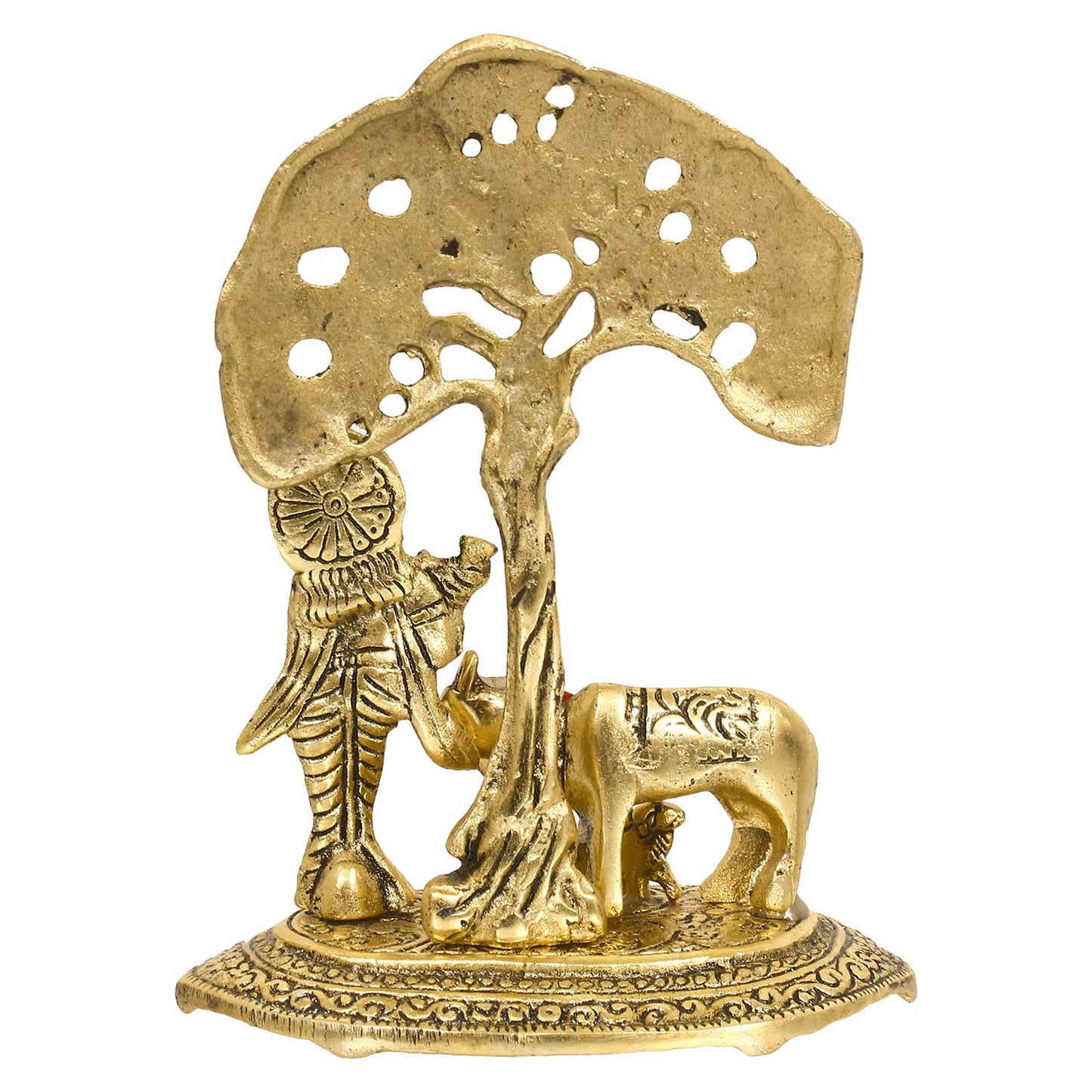eCraftIndia Lord Krishna Playing Flute Under Tree with Golden Cow and Calf Showpiece