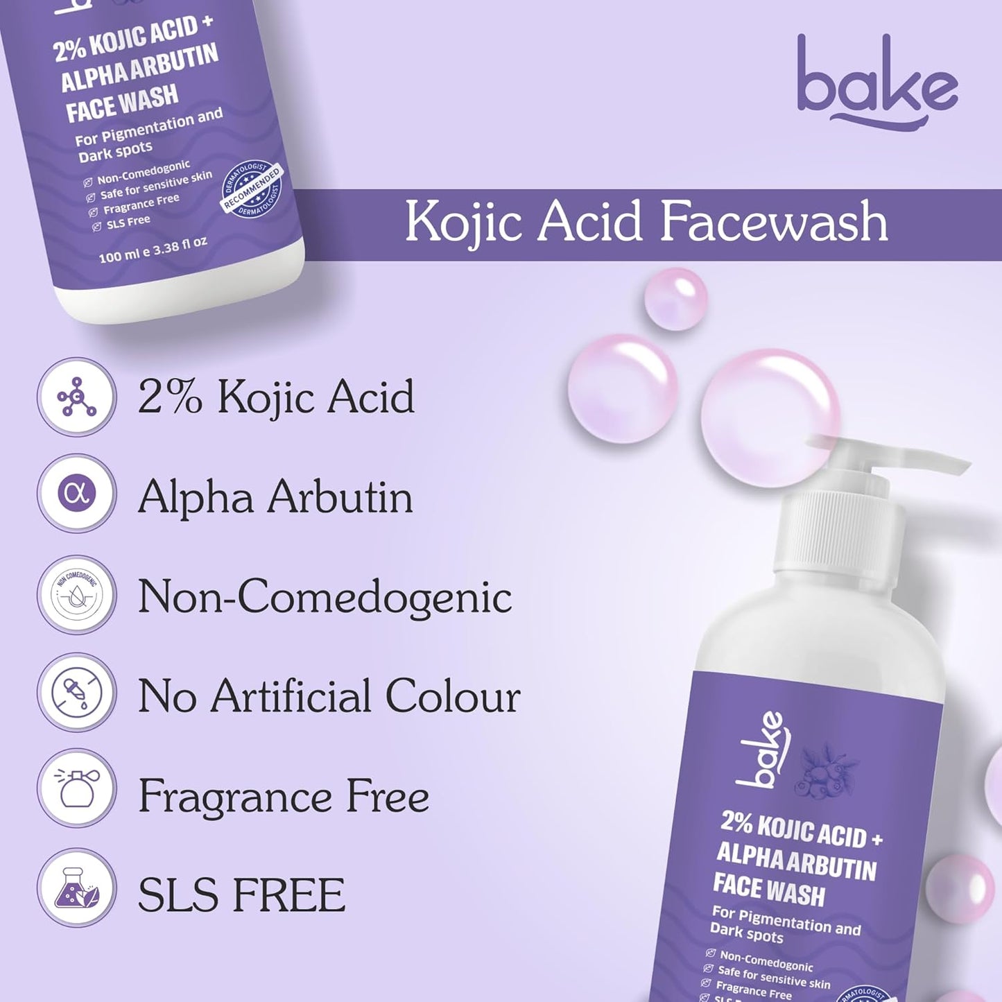 BAKE 2% Kojic Acid Brightening Face Wash with Alpha Arbutin & Niacinamide | De-Tan Face Wash | For Pigmentation, Dark Spots & Tan Removal | Anti Pigmentation Daily Wash - 100ml