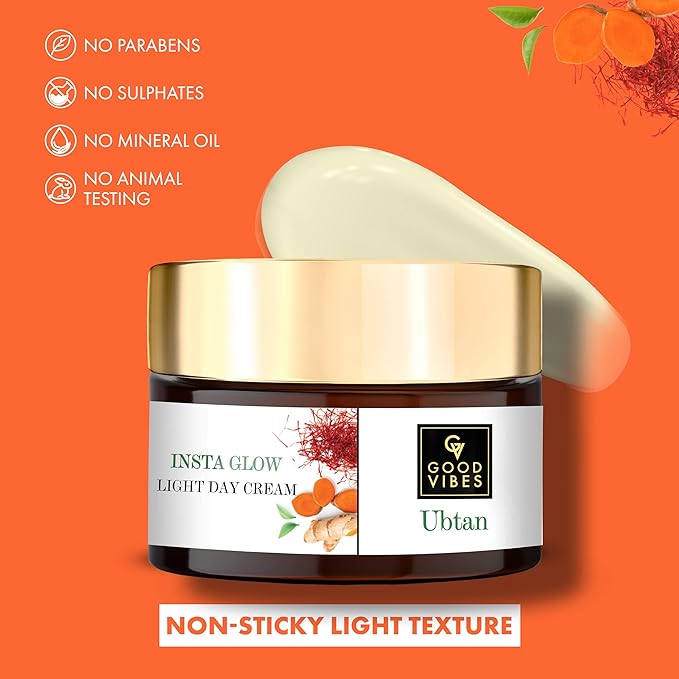 Good Vibes Ubtan Insta Glow Light Day Cream - Contain Saffron, Turmeric, & Vitamin B3 - Chemical Free - 50 g
