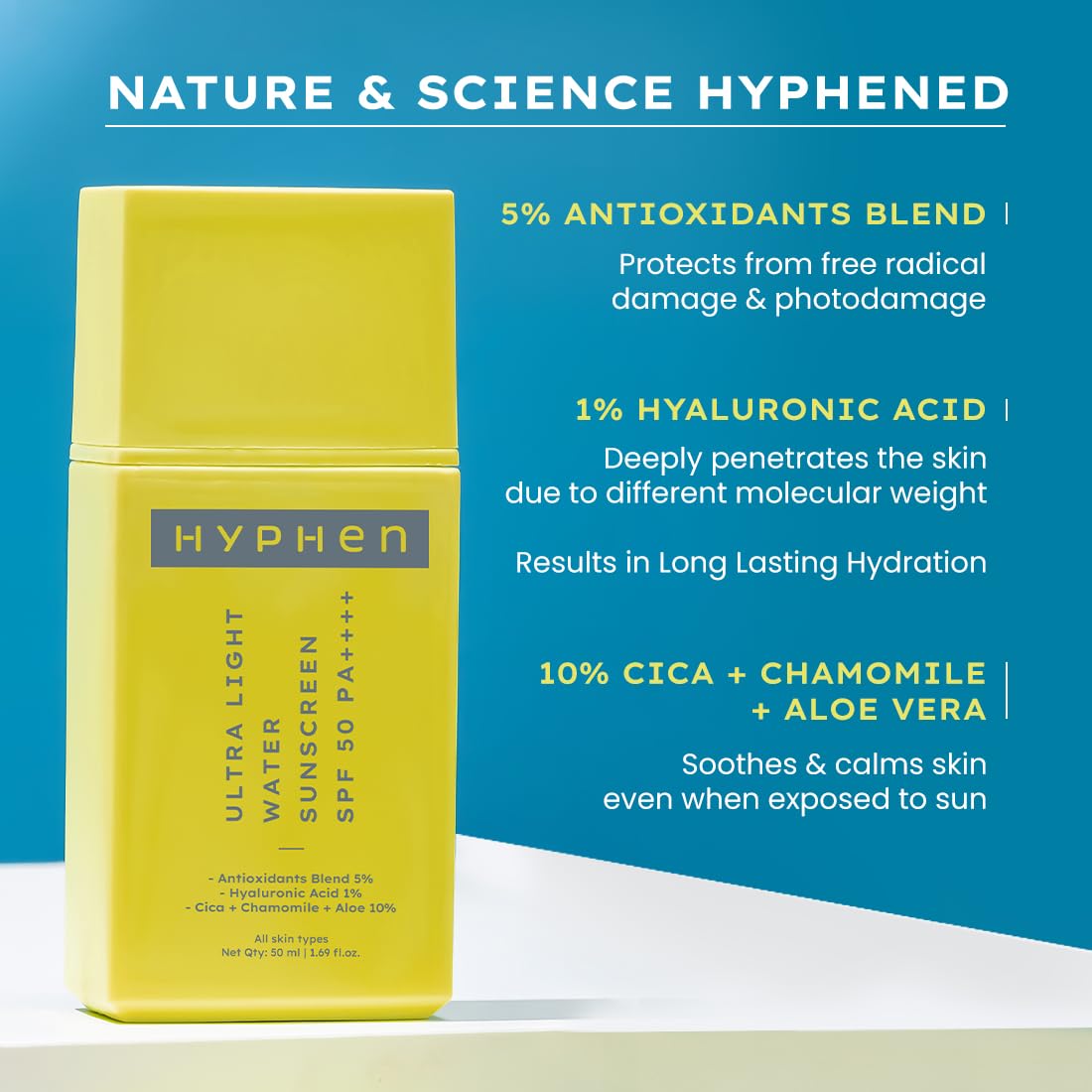 Hyphen All Skin 1% Hyaluronic Ultra Light Water Sunscreen Spf 50 Pa ++++|Broad Spectrum&Blue Light Protection|No White Cast|5% Antioxidants Niacinamide Vitamin E|Korean Sun Cream For Men Women|50Ml