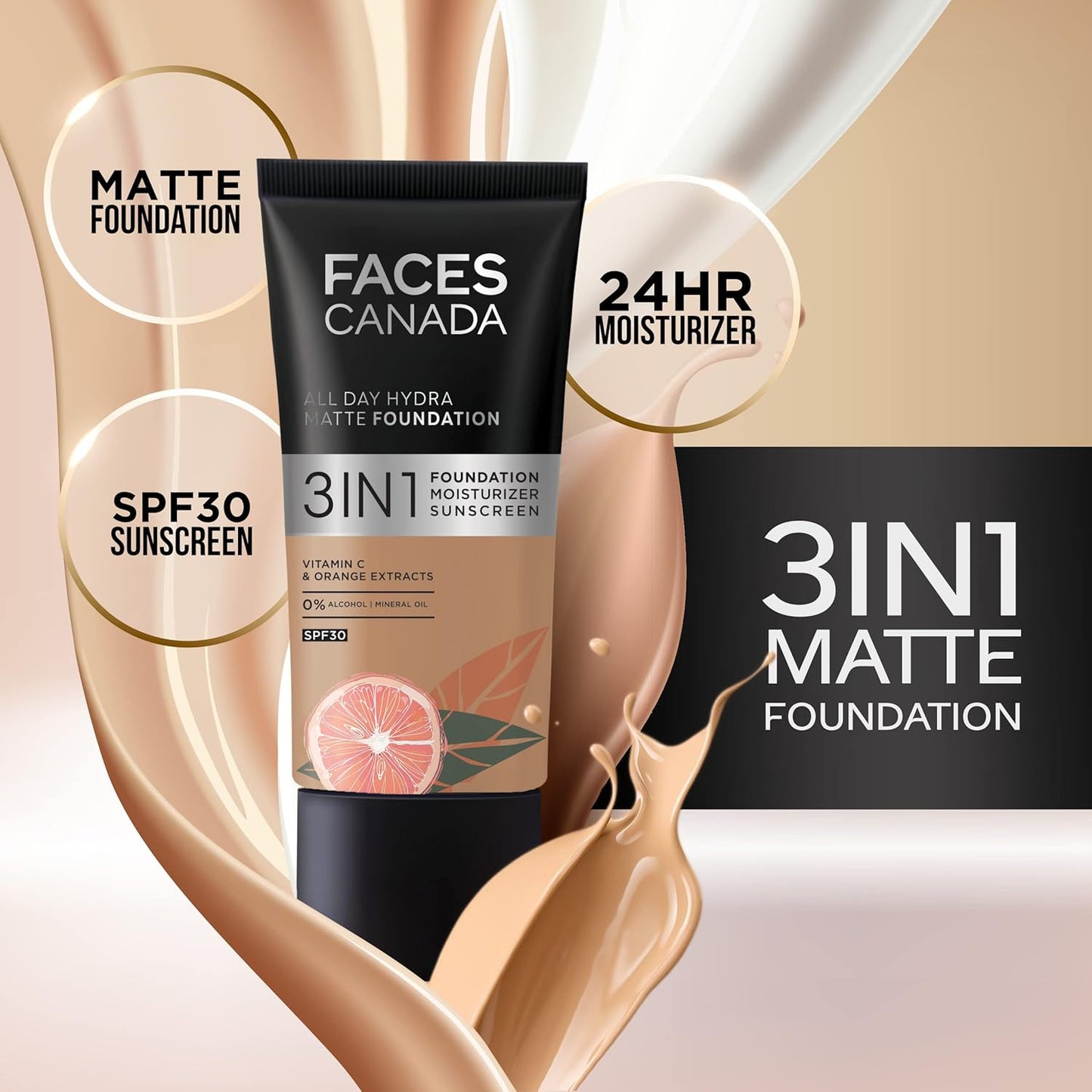 FACESCANADA All Day Hydra Matte Foundation|3-In-1 Foundation + Moisturizer Cream + Spf 30, Rose Ivory 011, 25 ml