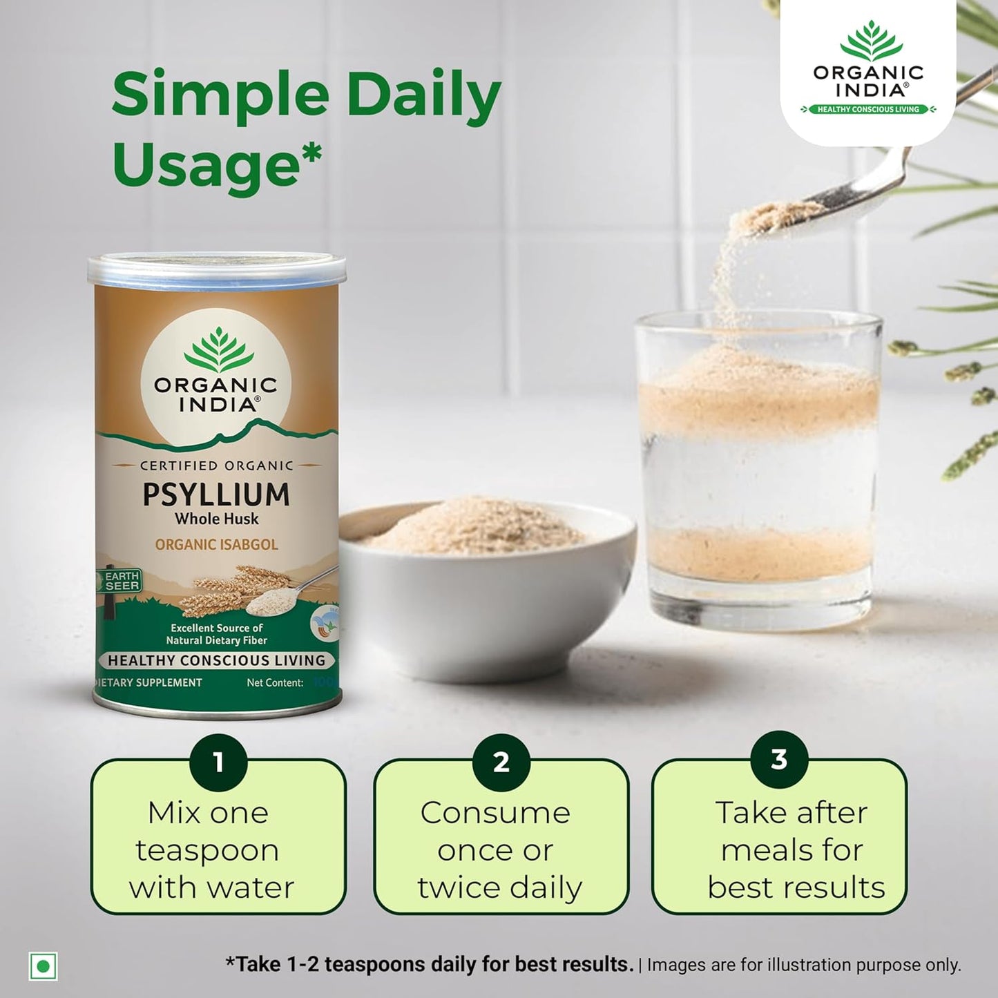 A TATA Product - Organic India Isabgol Whole Psyllium Husk Powder - 100g, With Dietary Fiber, Supports Gut Health & Digestive System, Gluten Free, Non-GMO Project Verified, NPOP & USDA Certified