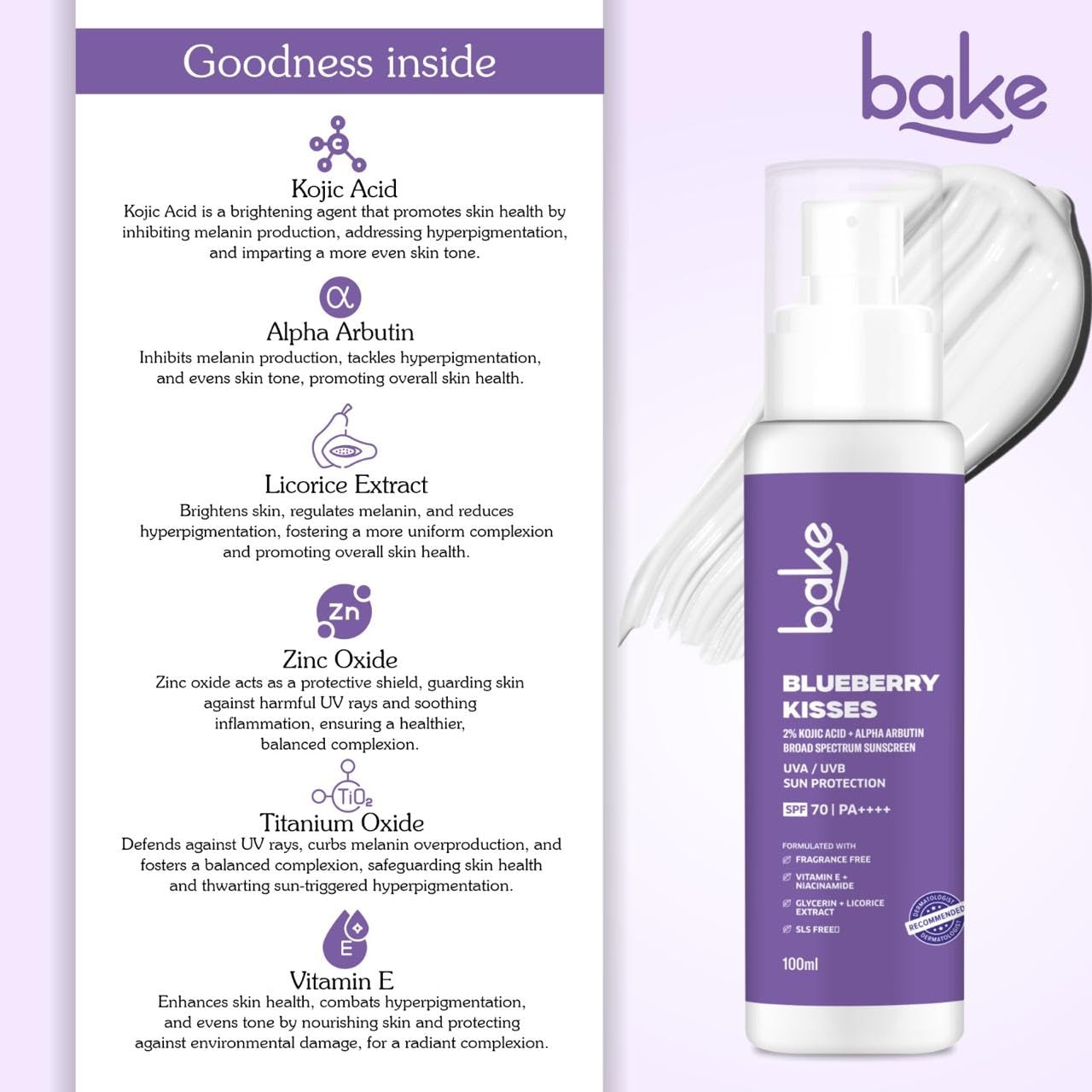 Bake 100% Mineral Water Resistant Sunscreen SPF 70 PA+++ with 2% Kojic Acid, Alpha Arbutin & Niacinamide, 100 gm