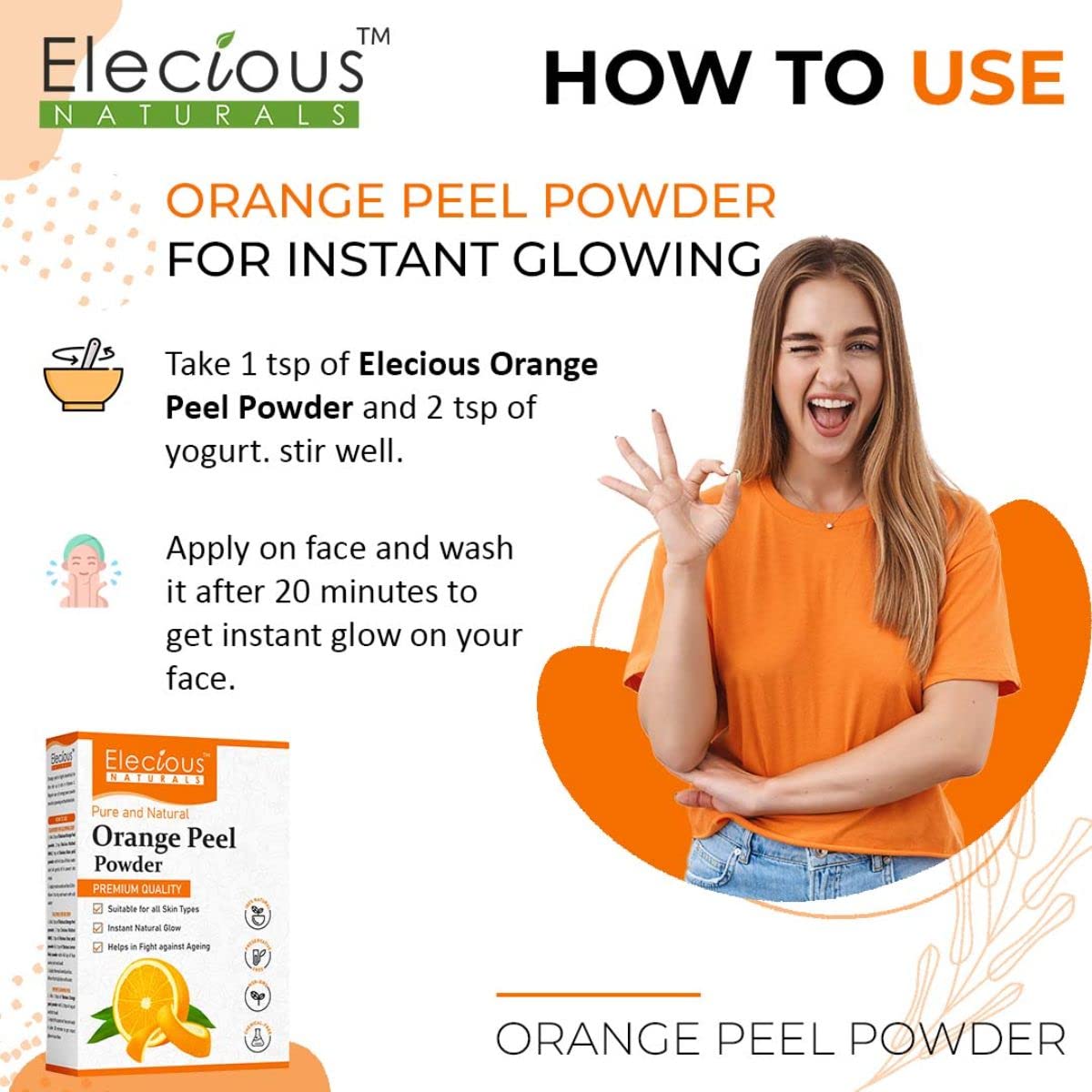 Elecious Orange Peel Powder For Skin and Face, 200 gm