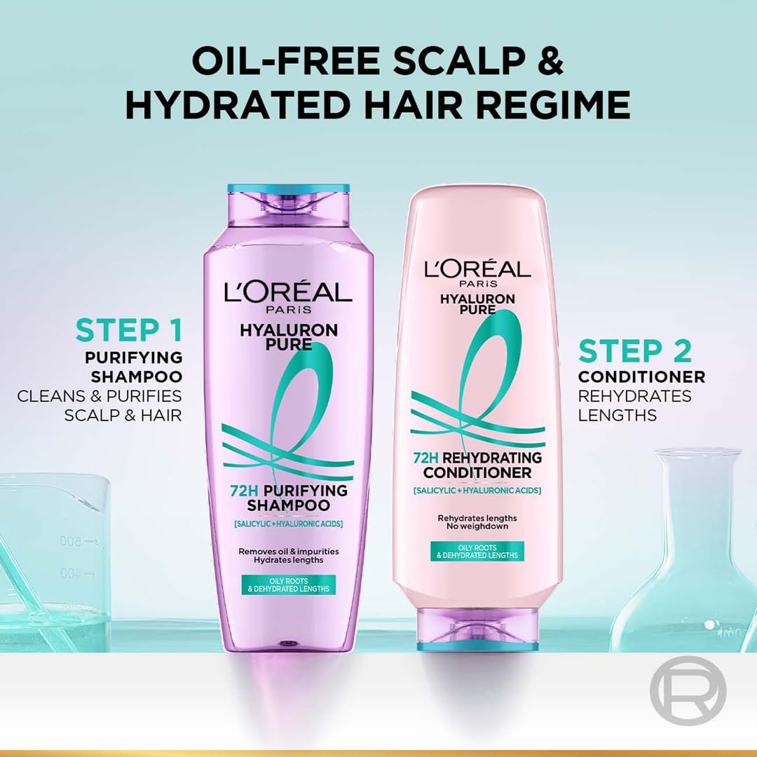 L’Oréal Paris Hyaluron Pure 72H Purifying Shampoo, For oily scalp & dry hair with salicylic and hyaluronic acid, 200 ml