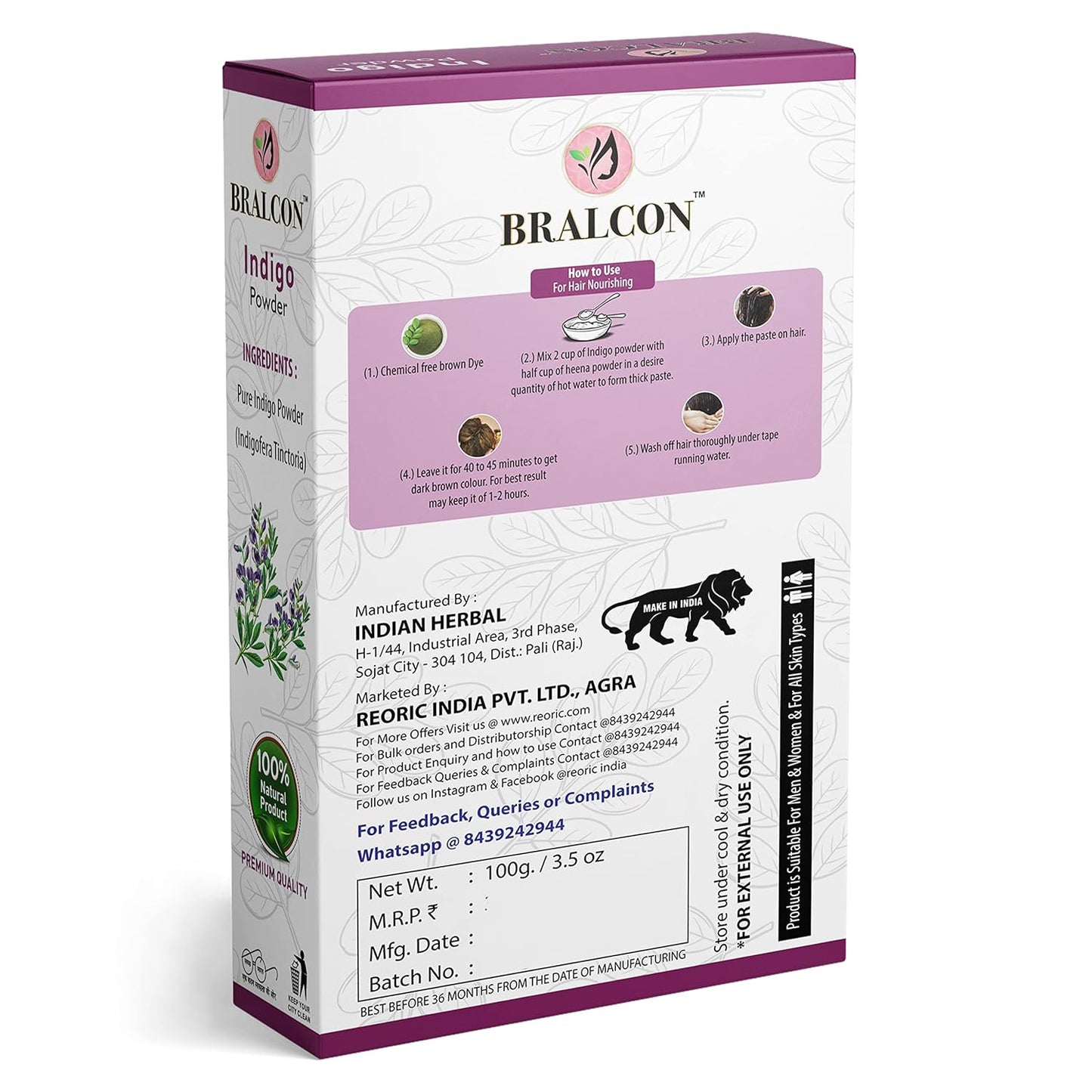 BRALCON Organic Amla Powder, Reetha Powder, Shikakai Powder, Bhringraj Powder, Hibiscus Powder, Henna Powder, Indigo Powder Combo-700g(100g x 7 Pack)| Skin & Hair Care Powder|Hair Growth, Face Pack