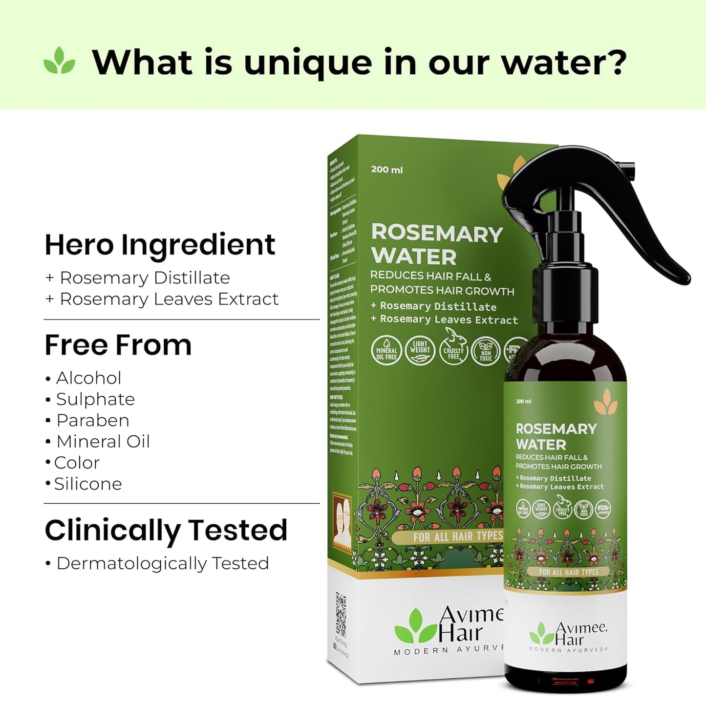 Avimee Herbal Rosemary Water For Hair Growth (200 ml) | Mist Spray for Hairfall | Rosemary Hair Mist | Adds Shine & Helps Reduce Hairfall, Strengthens Hair | For Men & Women