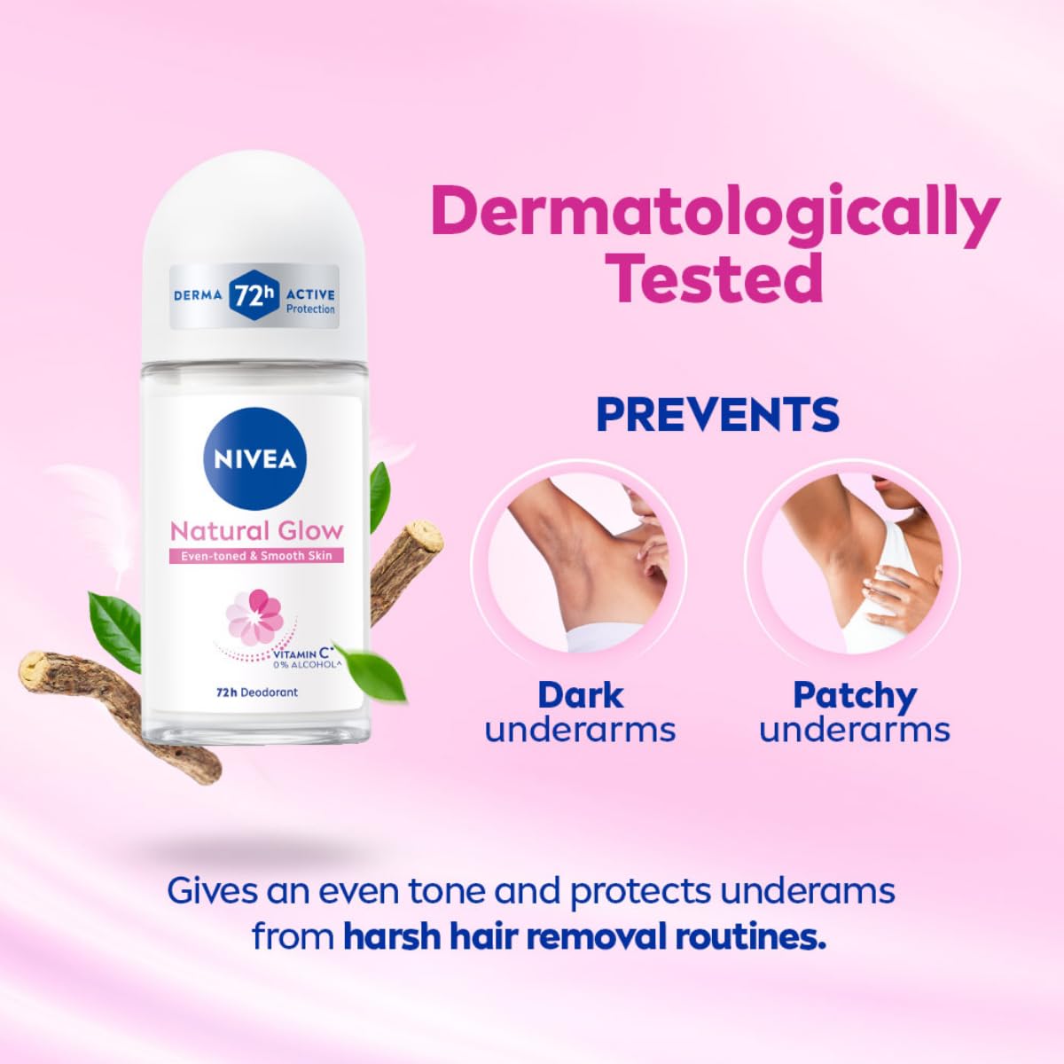 NIVEA Natural Glow Smooth Skin Deodorant Underarm Roll On for Women| Vitamin C, Vitamin E, Avocado oil and Licorice Extract | 72 H Even Toned, Smooth & Bright Underarms | 0% Alcohol and Dermat Approved |50 ml