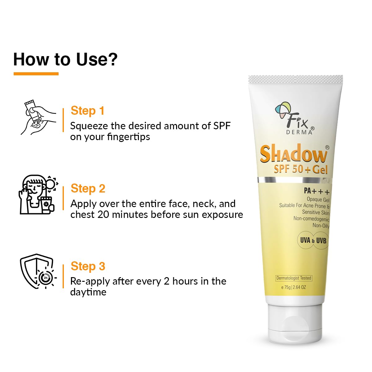 Fixderma Shadow Sunscreen Spf 50+ Pa+++ Gel Broad Spectrum Sunscreen For Uva & Uvb Protection 75gm