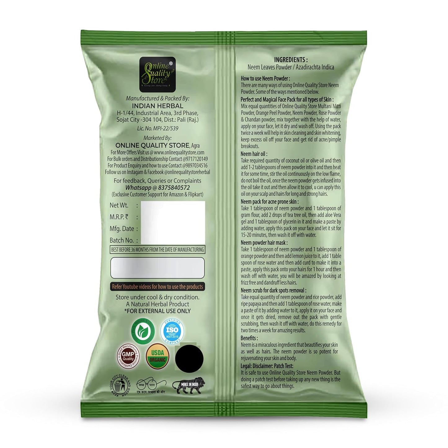 Online Quality Store Multani Mitti Powder + Chandan + Orange Peel + Neem + Rose Powder (Pack of 5) 400g