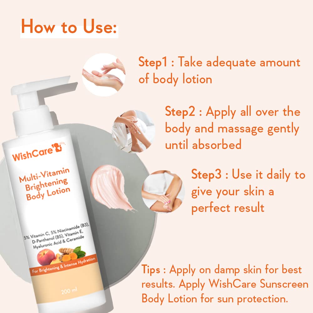 WishCare Multi-Vitamin Brightening Body Lotion - 5% Vitamin C, 5% Niacinamide(B3), Panthenol(B5), 200 ml