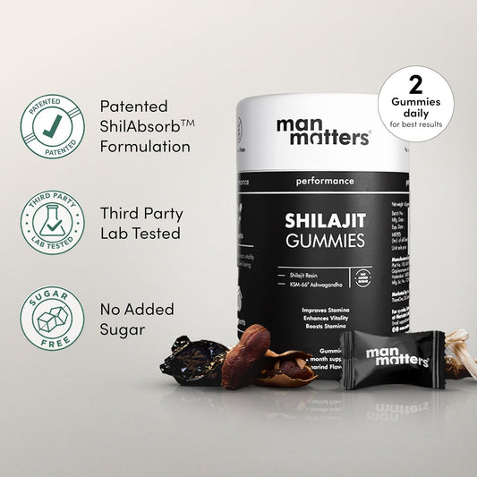 Man Matters Pure Himalayan Shilajit/Shilajeet Gummies with 75% Fulvic Acid & KSM 66 Ashwagandha, 60 Cap.