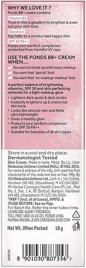 Pond's BB+ Cream, Instant Spot Coverage + Light Make-up Glow, Natural 18g