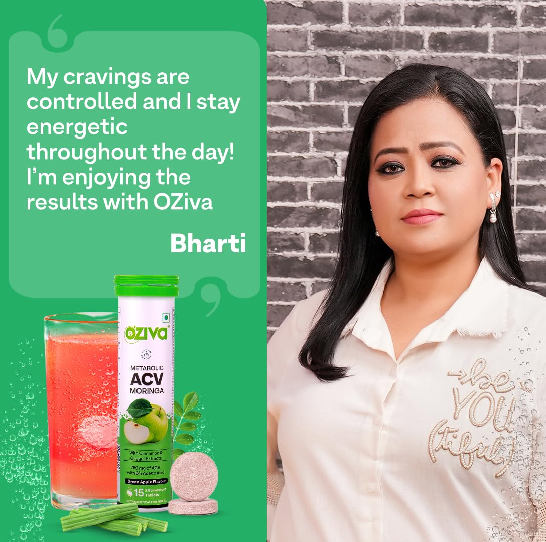 OZiva ACV Moringa | Control Cravings I Apple Cider Vinegar, Cinnamon, Guggul, Green Apple, Pack of 4 (60 tablets)