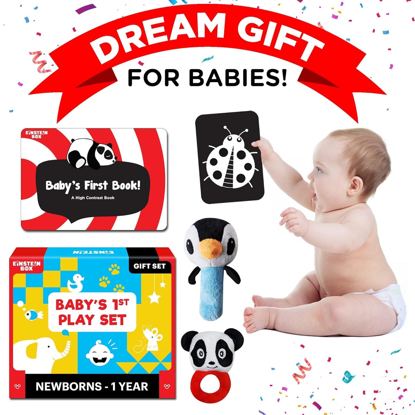 Einstein Box Gift Set & Toys for Newborn Babies for Ages 0 to 12 Months | High Contrast Flash Cards for Visual Stimulation & Sensory Development