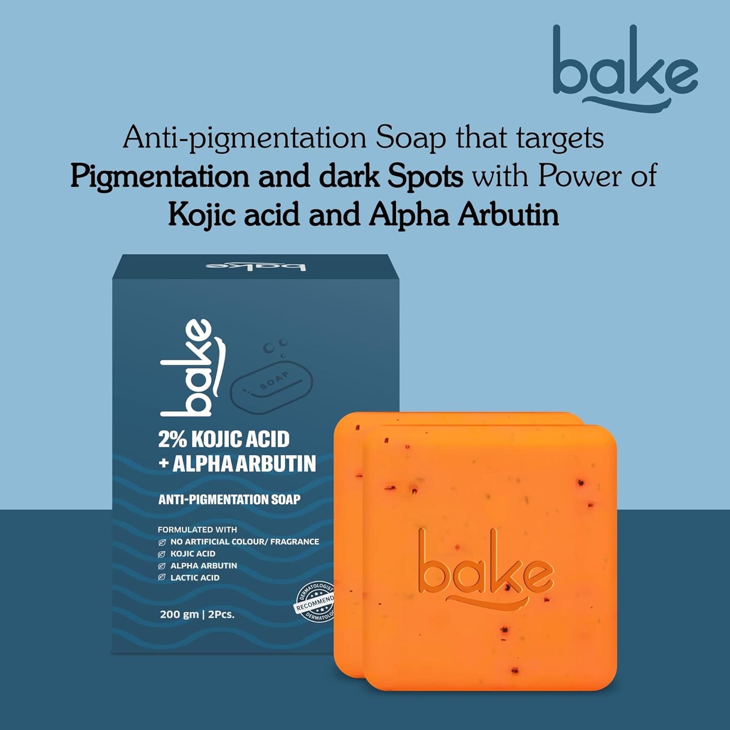 BAKE 2% Kojic Acid Scrub Treatment Soap (200 Gms) with Alpha Arbutin, Lactic Acid & Niacinamide | For Pigmentation, Dark Spots, Tan Removal, Brightens Underarms | Soap for Women & Men | 100g x 2