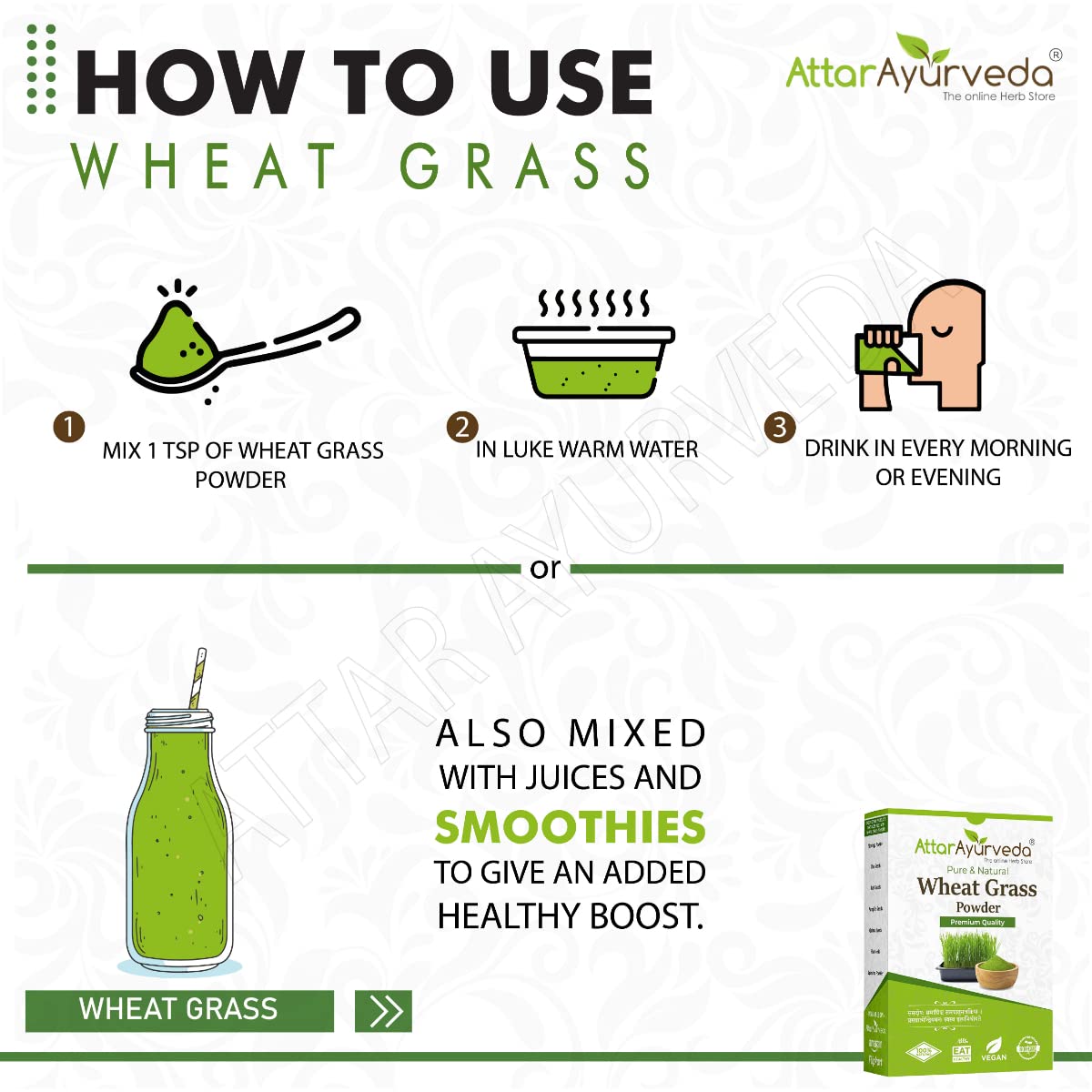 Attar Ayurveda 100% Natural Wheat Grass Powder (100 Gram) | Pure, Preservative free, Non-GMO