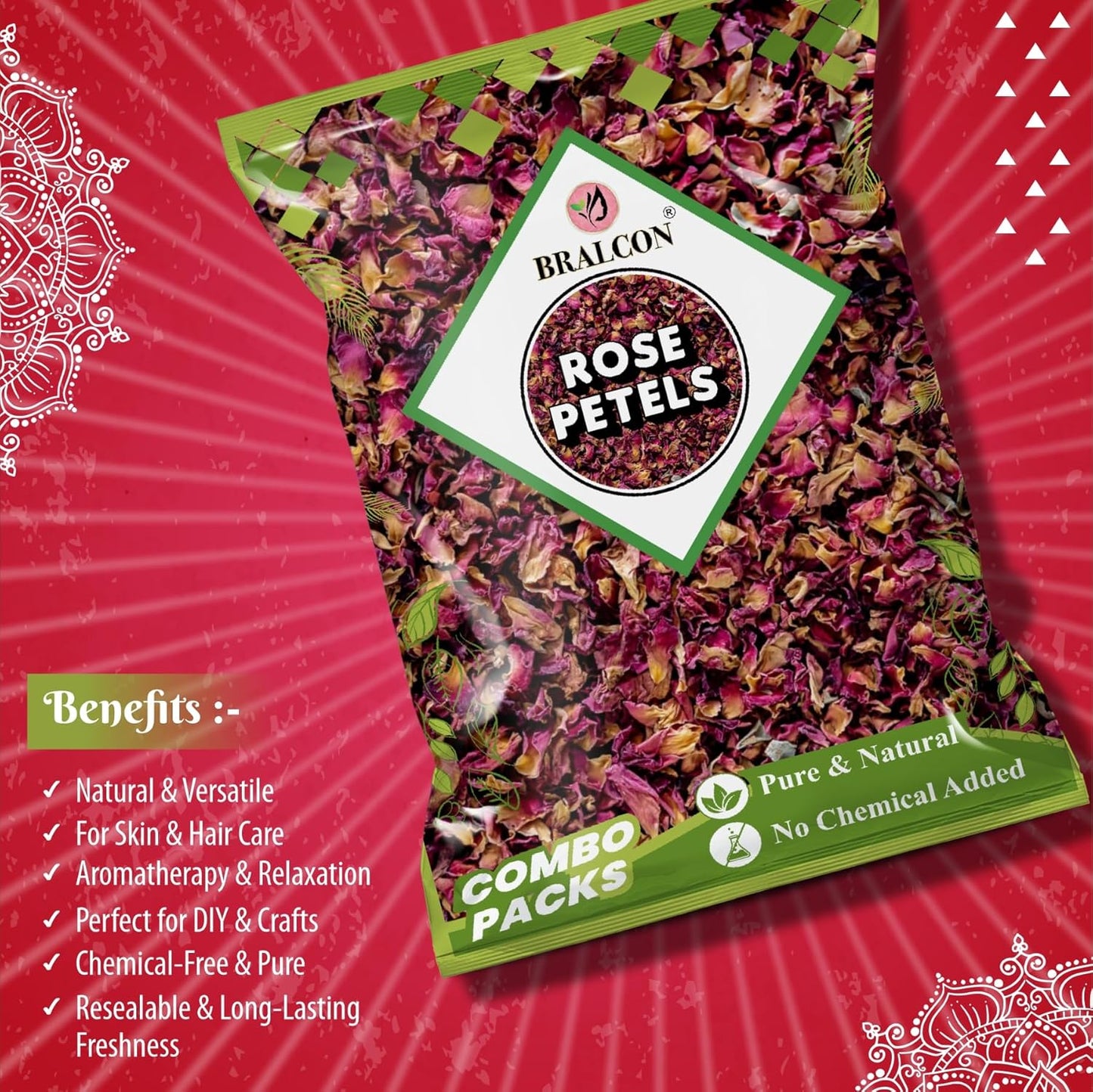 Bralcon Rose Petals - 100 gm, Pure & Natural Sun dried Rose Flowers Petal