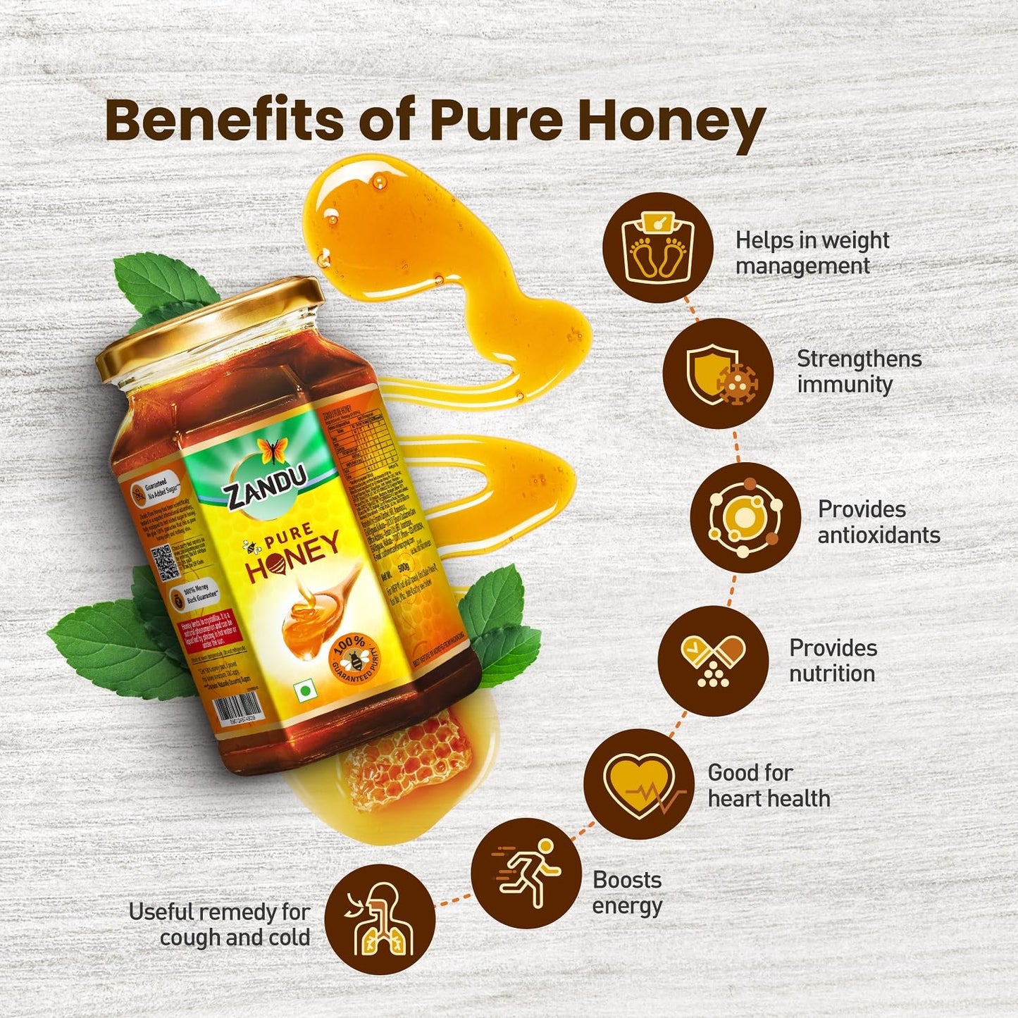 Zandu Pure Honey, No Added Sugar, 500gm