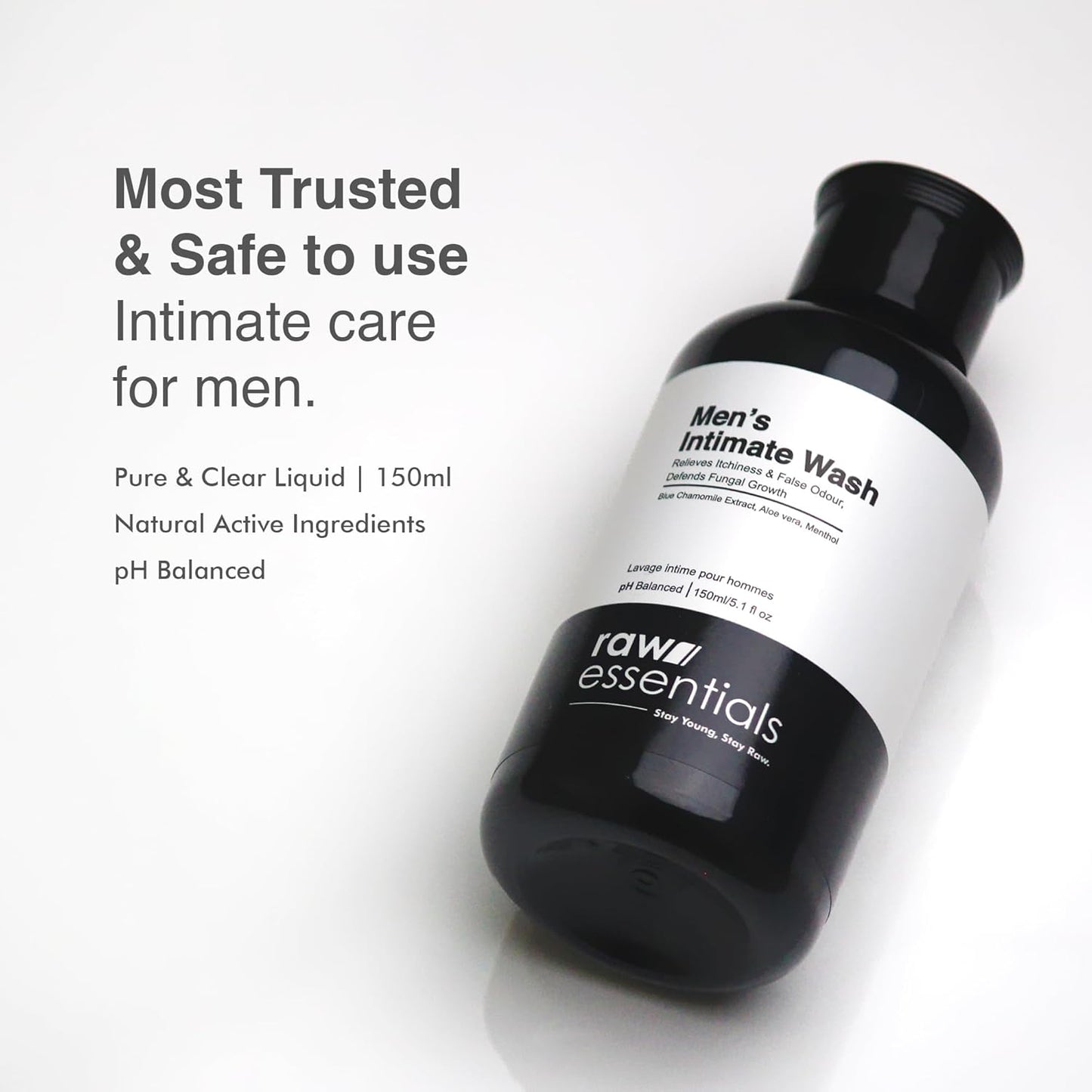 Raw Essentials Intimate Wash for Men 150 ml, Relieves Itchiness & Odour, Prevents Fungal Growth, Brightens Groin Area, pH Balanced, Sulphate Free, Paraben Free