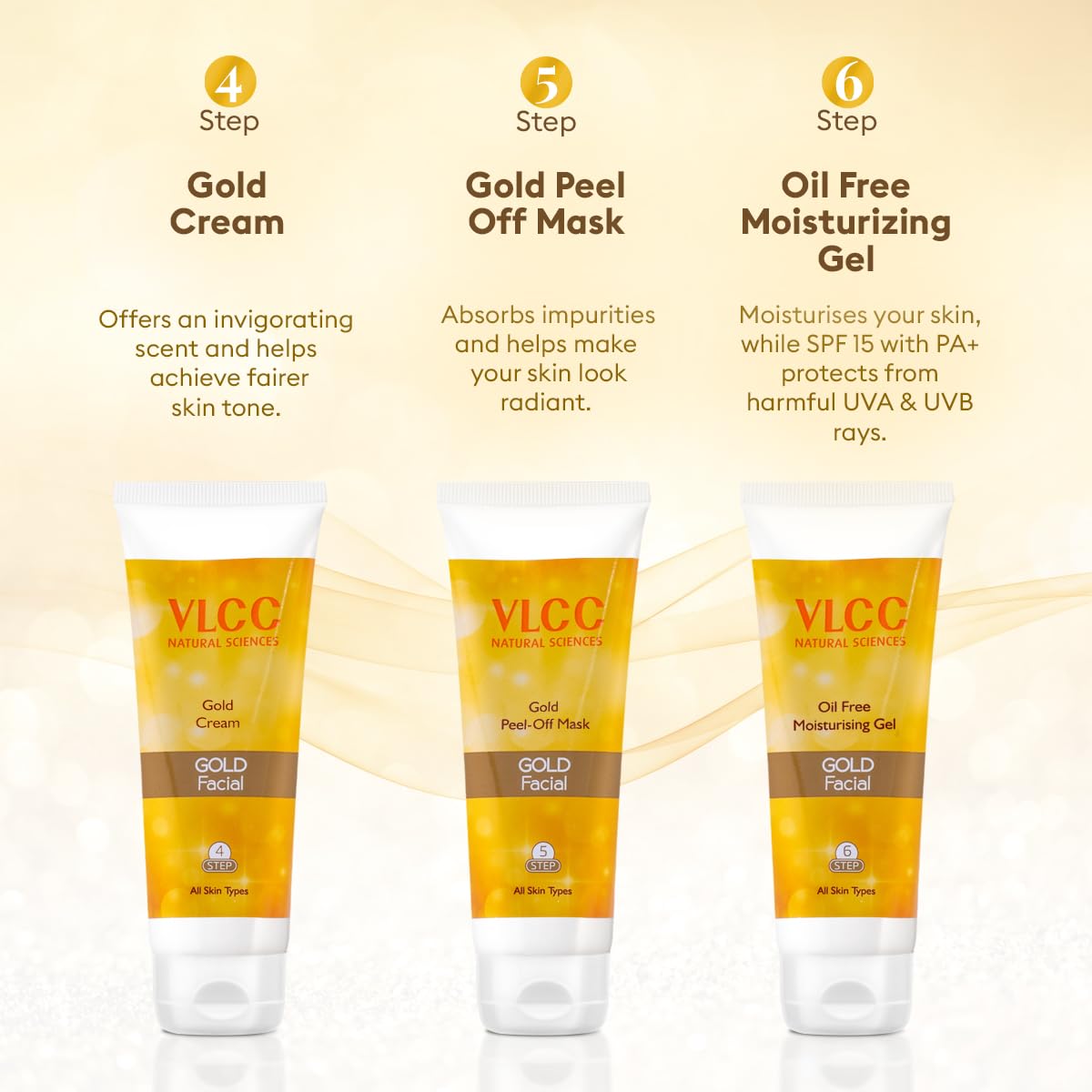 VLCC Gold Facial Kit with FREE Rose Water Toner - 300g + 100ml | 24K Colloidal Gold And Aloe Vera At Home Facial Kit