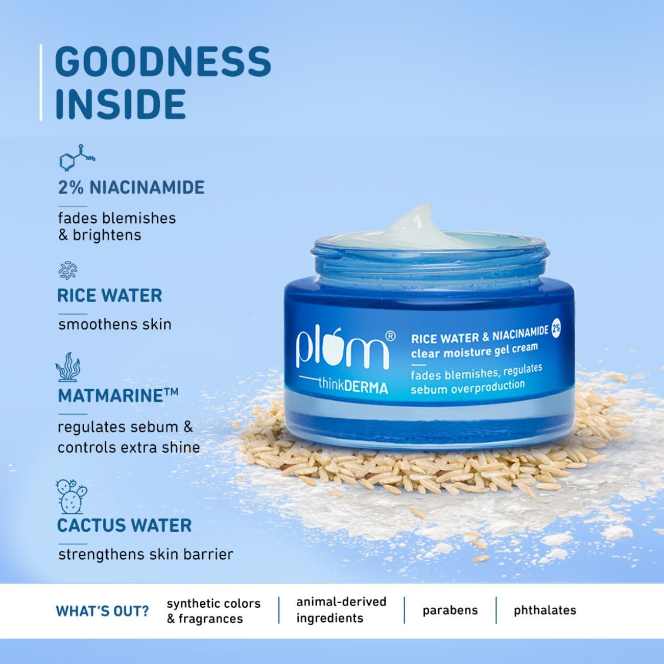 Plum 2% Niacinamide & Rice Water Superlight Gel Cream Moisturizer for Face | Oil-Free Hydration | Brightens, Fades Blemishes | Dermat-Tested | All Skin Types