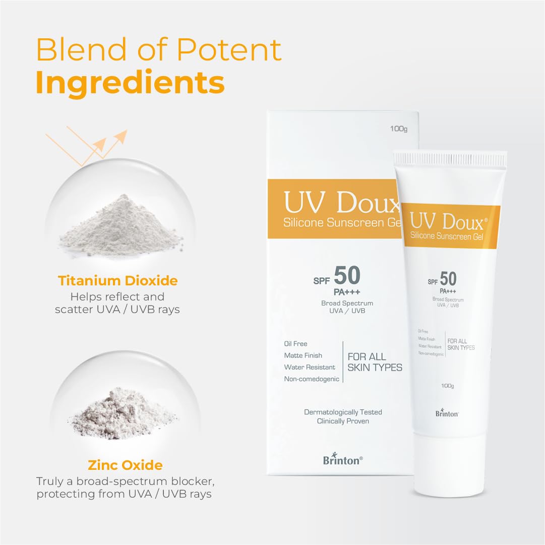 UV Doux Sunscreen Gel SPF 50 PA+++ | Broad Spectrum UVA & UVB | No White Cast | Benzene-Free | Dermatologist-Approved | Non-Comedogenic | Water-Resistant | For Oily, Acne & Sensitive Skin | 100 g