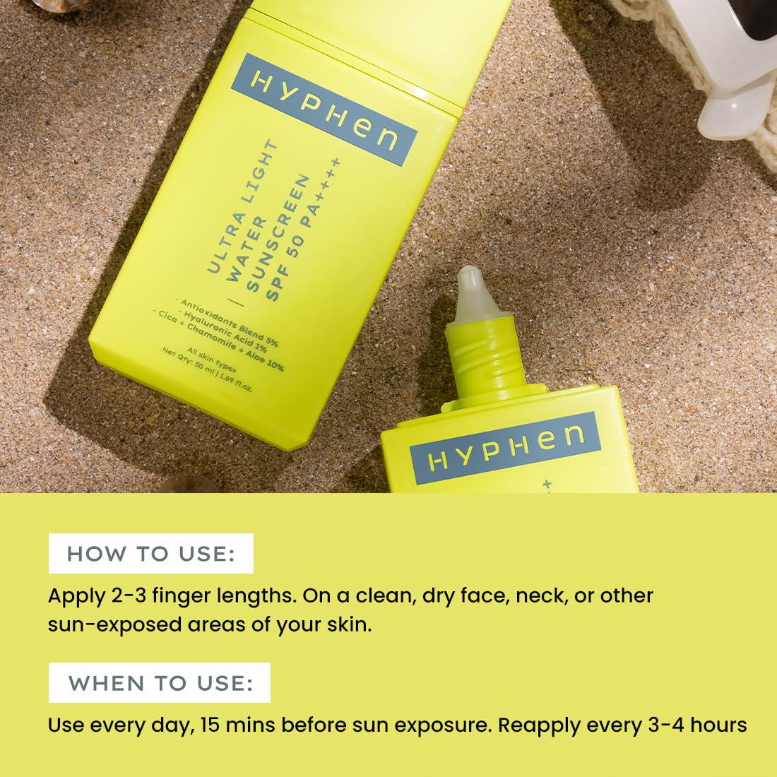 Hyphen All Skin 1% Hyaluronic Ultra Light Water Sunscreen Spf 50 Pa ++++|Broad Spectrum&Blue Light Protection|No White Cast|5% Antioxidants Niacinamide Vitamin E|Korean Sun Cream For Men Women|50Ml