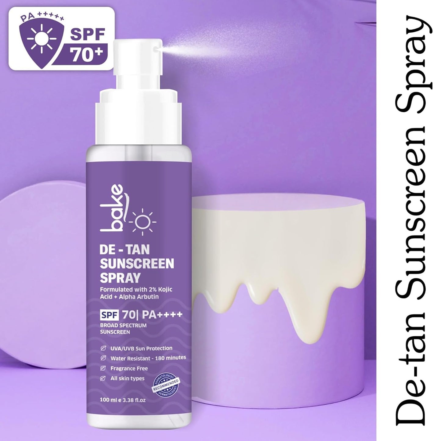 BAKE Spf 70 Sunscreen Spray Pa++++|Waterproof - 180 Minutes|With 2% Kojic Acid & Alpha Arbutin,Sweat Resistant 100Ml