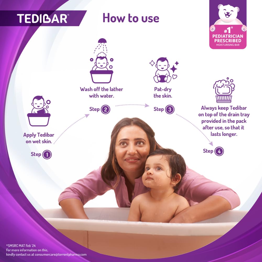 TEDIBAR - Bathing Bar for Babies’ Sensitive Skin| Skin-Friendly pH 5.5| Gentle Soap-Free Formula| Prevents Dryness & Rashes| Keeps Baby’s Skin Soft, Supple & Healthy| Pack of 2-100gms