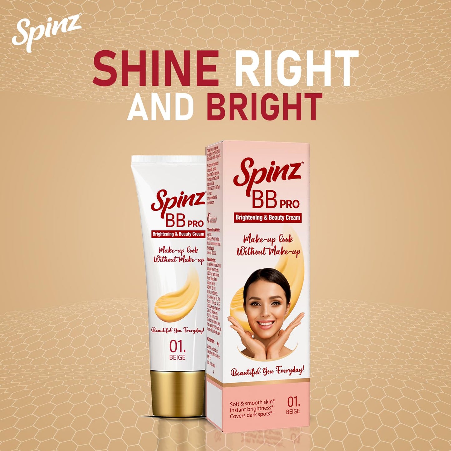 SpinZ Bb Pro Brightening & Beauty Full Coverage Radiant Face Cream With Spf 20 Pa++ (Beige 01)- 29 gm Pack of 2