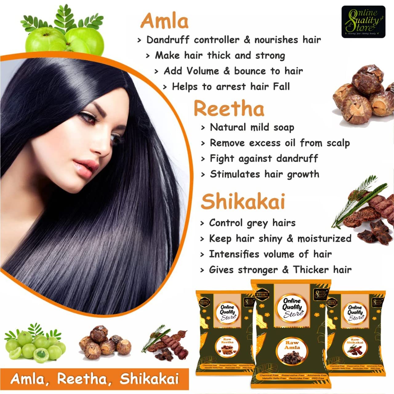 Online Quality Store reetha amla shikakai combo raw form - 600g |Aritha|Soapnuts (Sapindus Mukorossi) |Indian Gooseberry |dried Shikakai, Acacia Concinna, Total 600g Pack