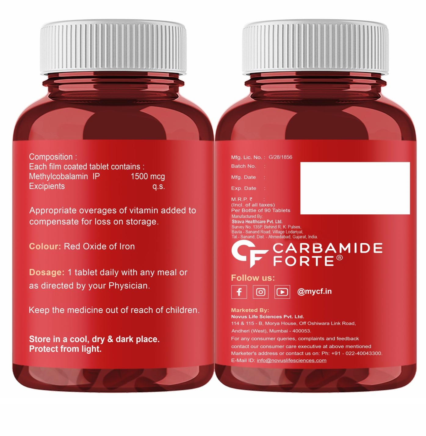 Carbamide Forte Vitamin B12 Tablets 1500 mcg -Active form of Methylcobalamin ,Men & Women- 90 Veg Tablets