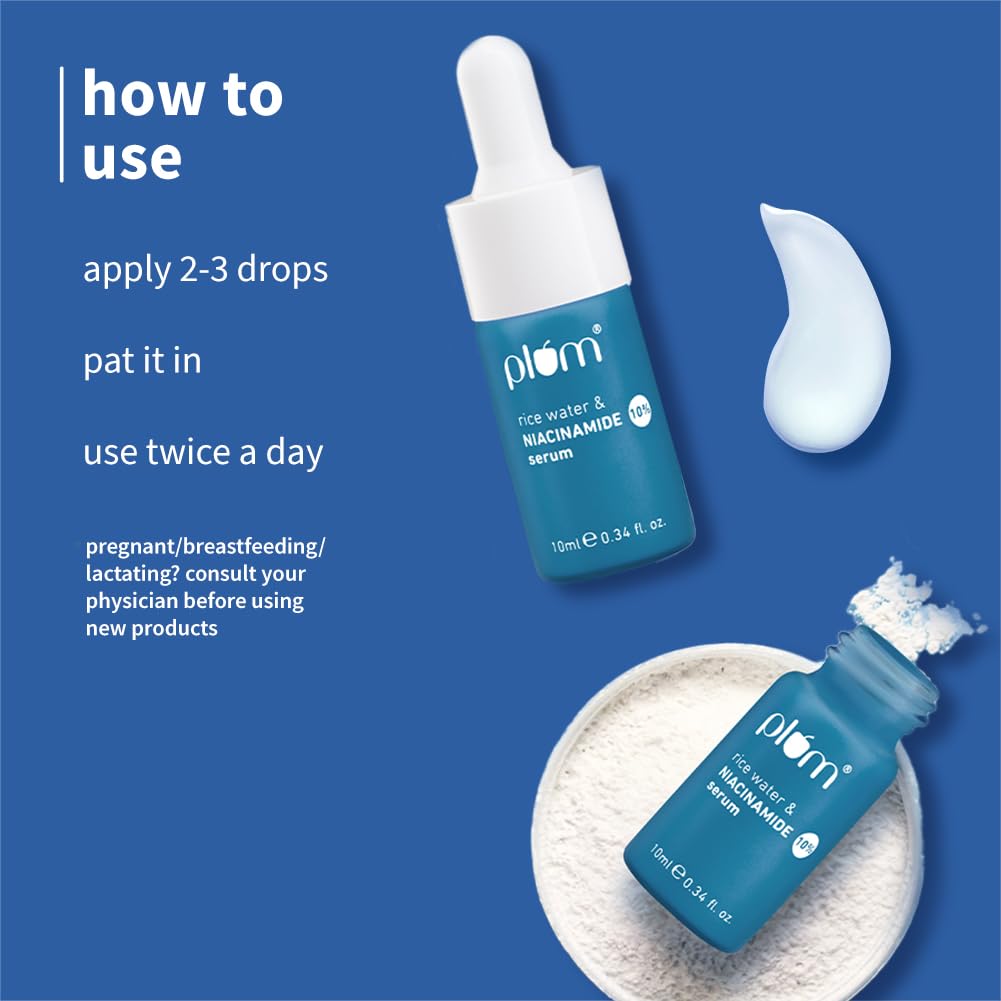 Plum 10% Niacinamide Serum with Rice Water | Provides Clear, Glowing & Brightening Skin | for Acne Prone, Combination, Oily & Sensitive Skin