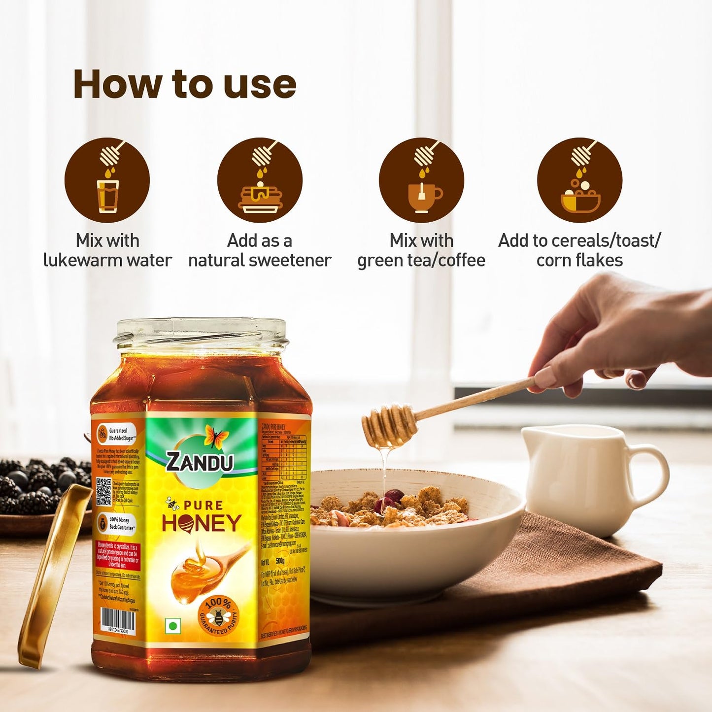Zandu Pure Honey, No Added Sugar, 500gm