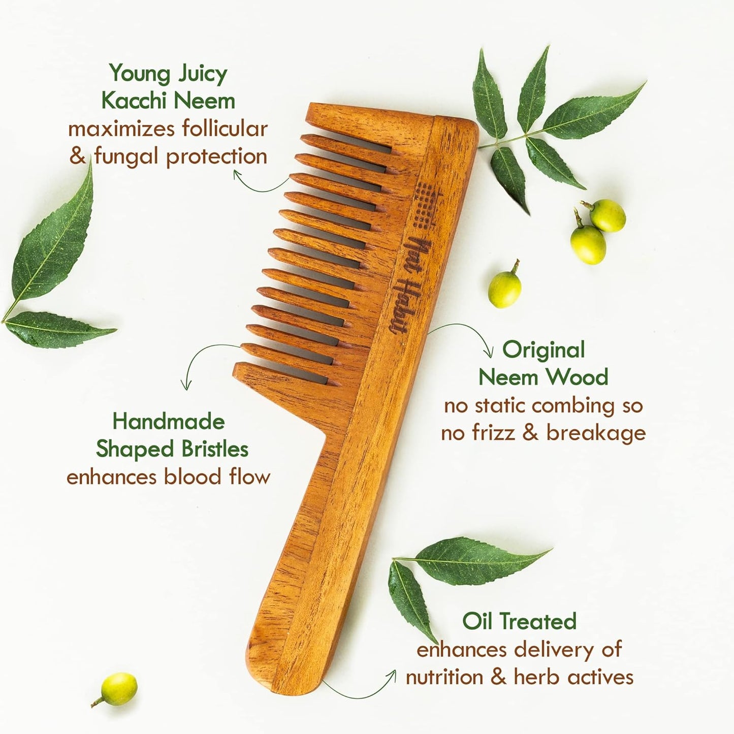 Nat Habit - Kacchi Neem Wooden Comb - Soaked In 17 Herbs, Neem & Sesame Oil For Multi-Actions - Detangling, Frizz Control & Shine (Dual Tooth, Fine Tooth & Wide Tooth) Combo Pack of 3