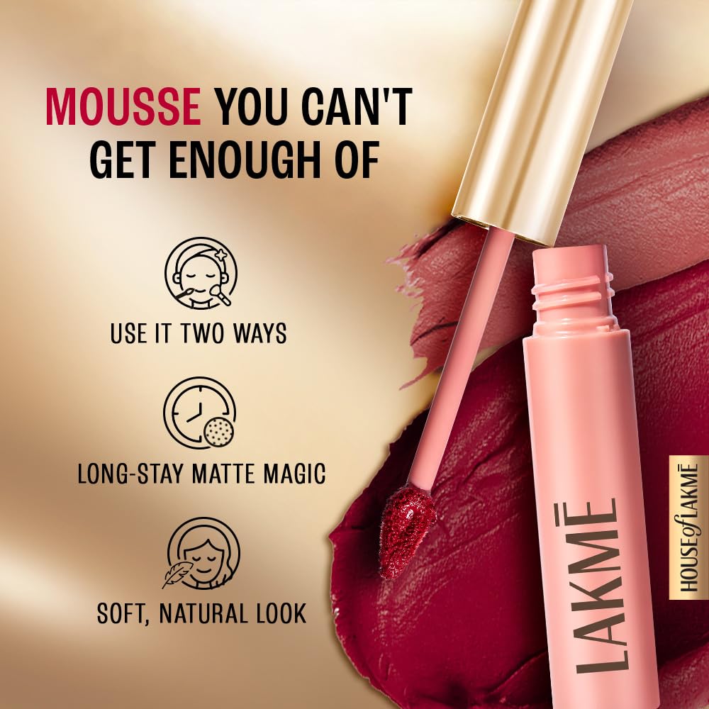 Lakme 9 To 5 Weightless Mousse Lip & Cheek Color, Matte Lipstick & Blush, Plum Feather, 9 gm