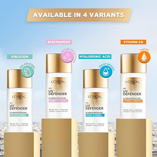 L’Oréal Paris UV Defender Serum Protector Sunscreen SPF 50 PA+++, Correct & Protect ,UVA & UVB Protection, 50 ml